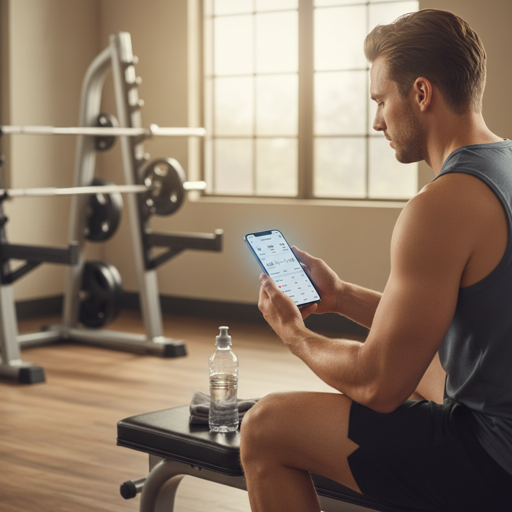 Gym-goer reviewing previous workout stats on a phone for progressive overload