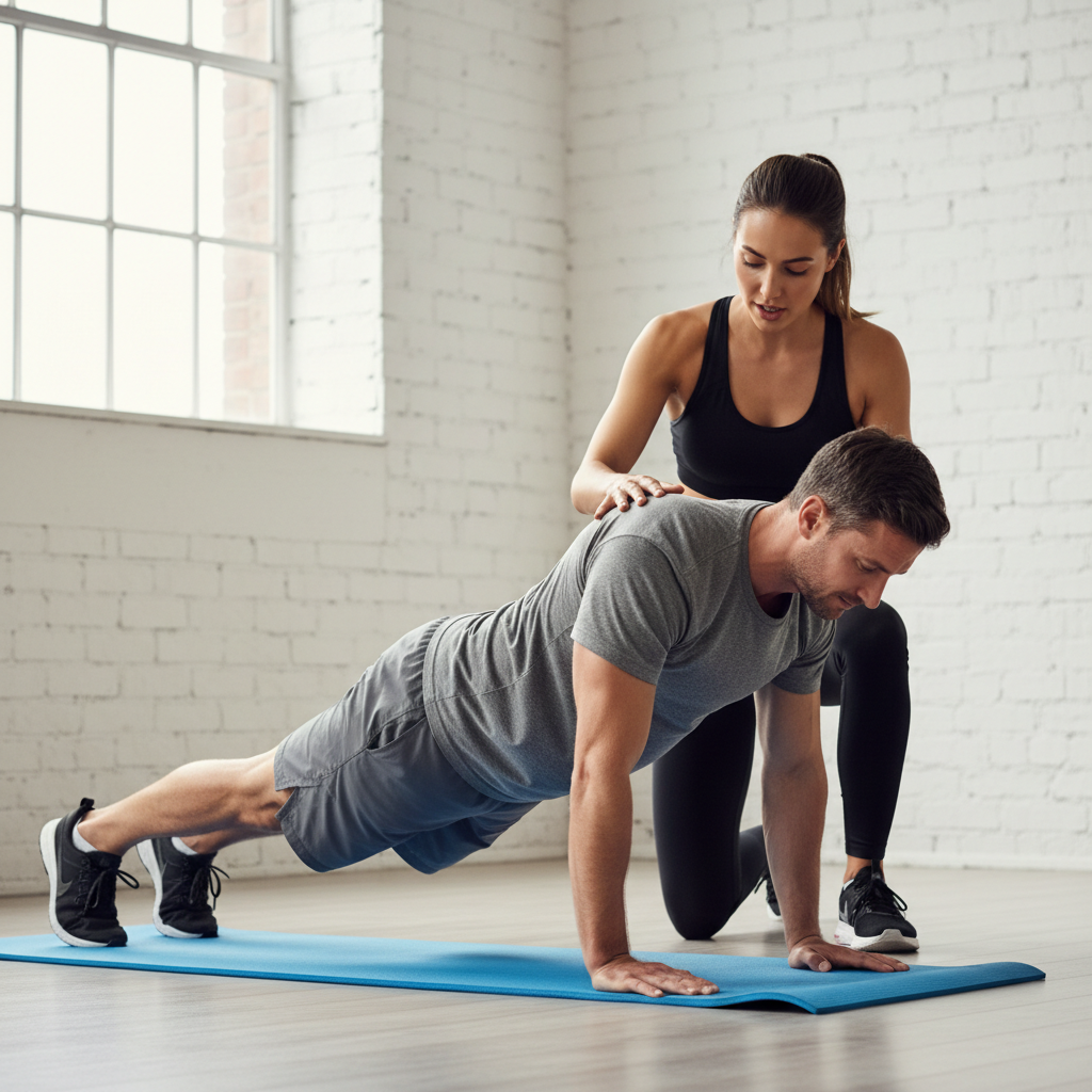 Trainer cueing shoulder blade position during push-up plus exercise