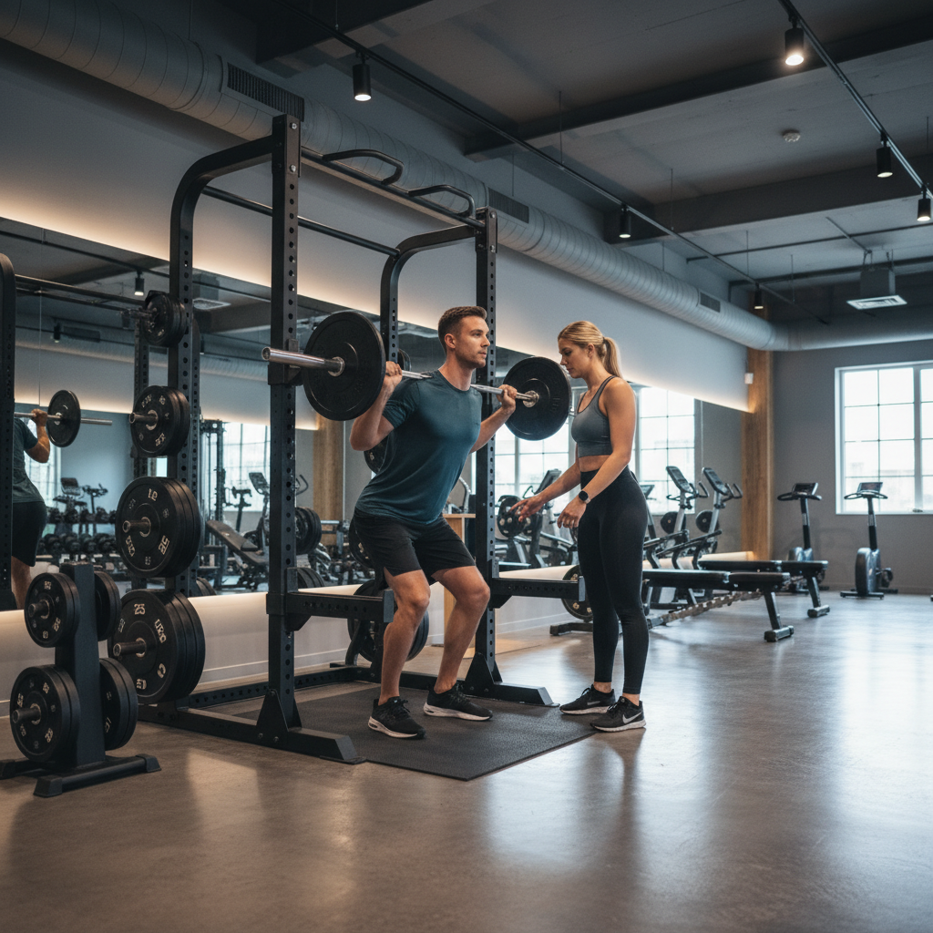 Coach guiding lifter through barbell warm-up sets before squats