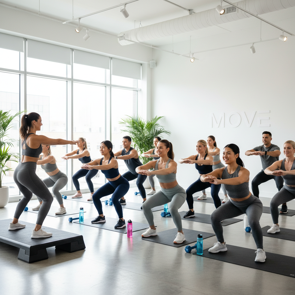Group fitness class in a modern studio with participants following an instructor