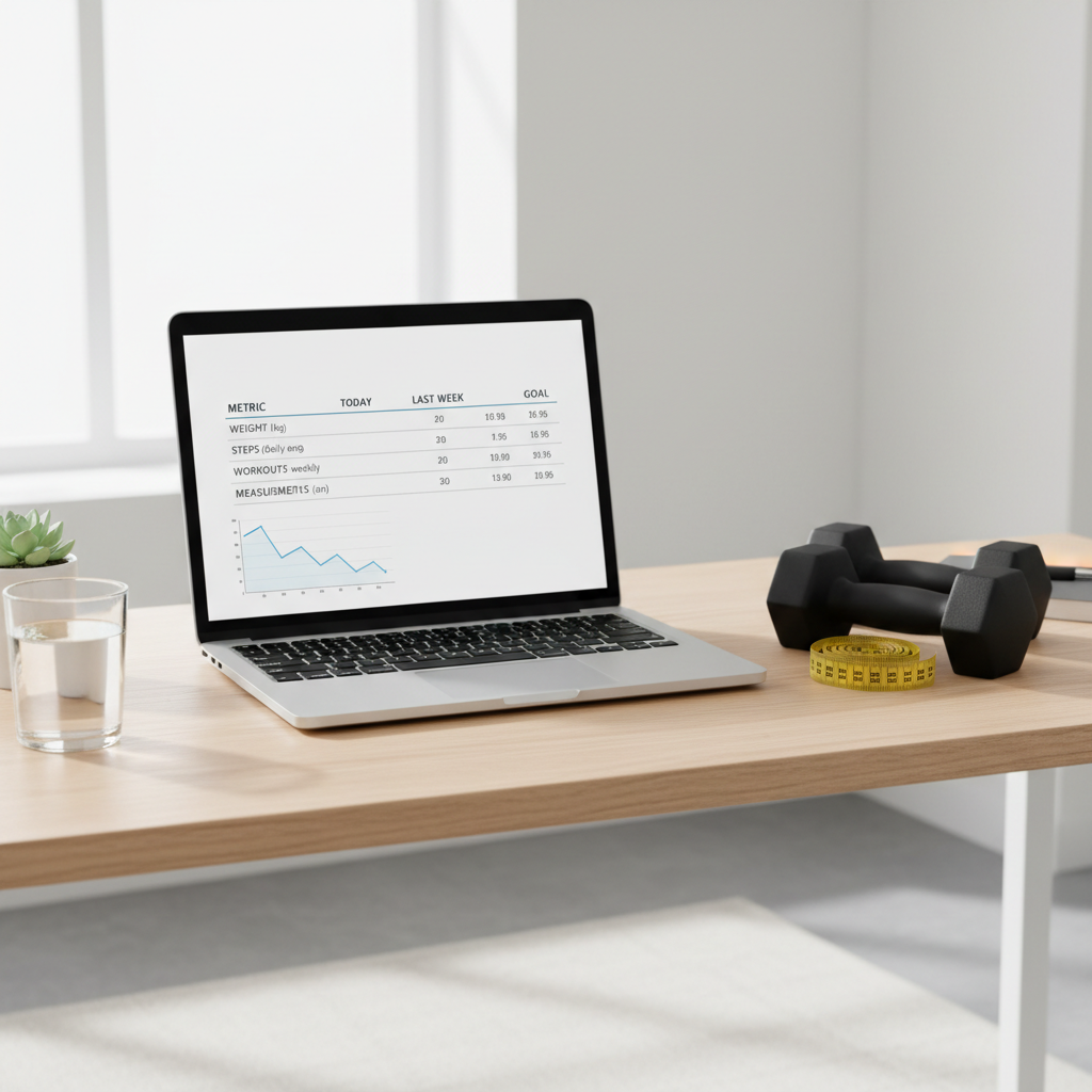 Simple fitness tracking metrics table on laptop with measurements tape and dumbbells