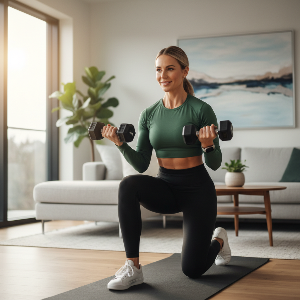Woman doing strength training at home with dumbbells and a yoga mat