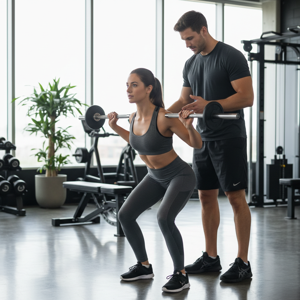 Beginner learning proper lifting form with a trainer in a gym