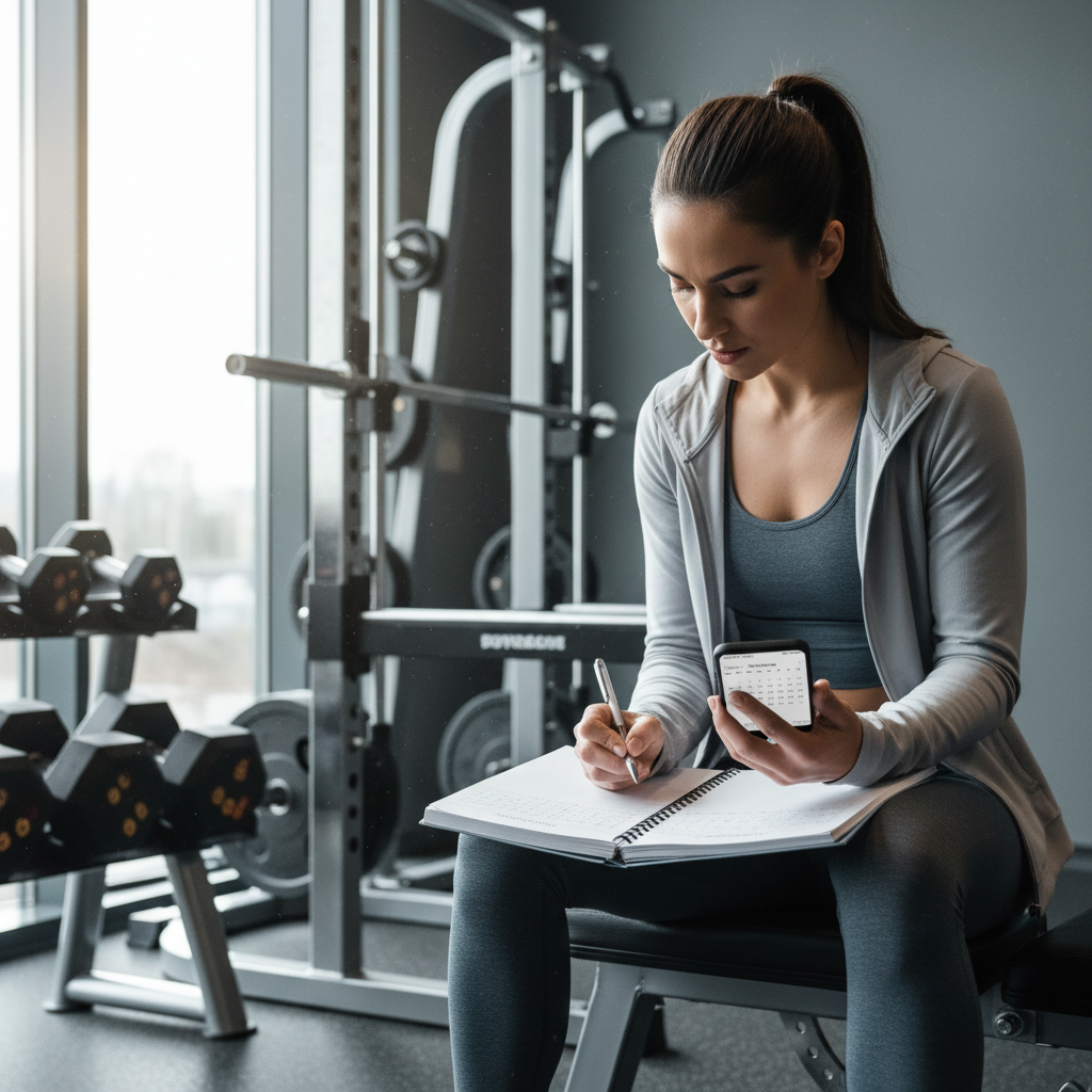 Athlete planning a weekly sports fitness training schedule in a gym