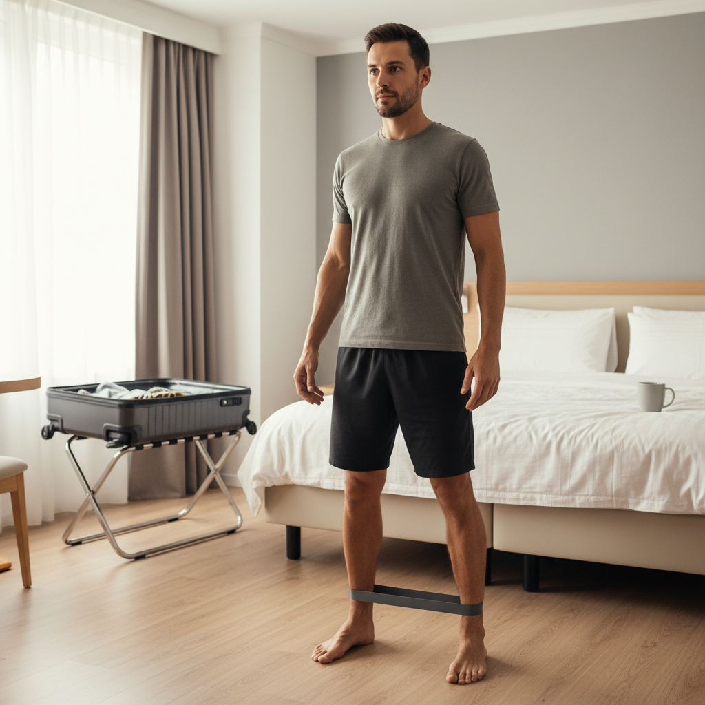 Traveler using a mini band for mobility and recovery after a flight
