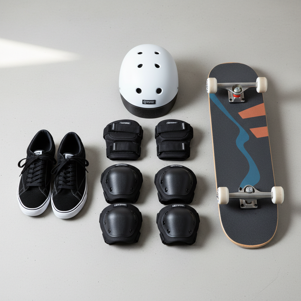 Skateboard safety gear layout including helmet, wrist guards, knee pads, and elbow pads