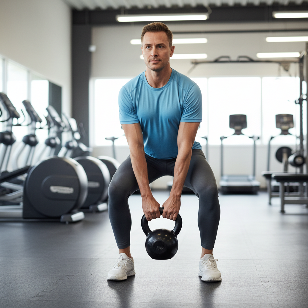 Beginner performing a kettlebell deadlift with neutral spine form
