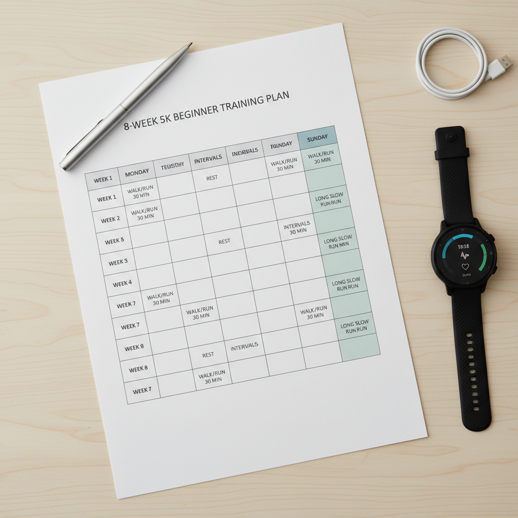 Printable 8-week 5K training plan table with weekly workouts for beginners