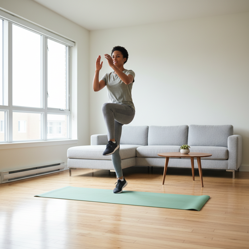 Low impact cardio at home workout in a small living room