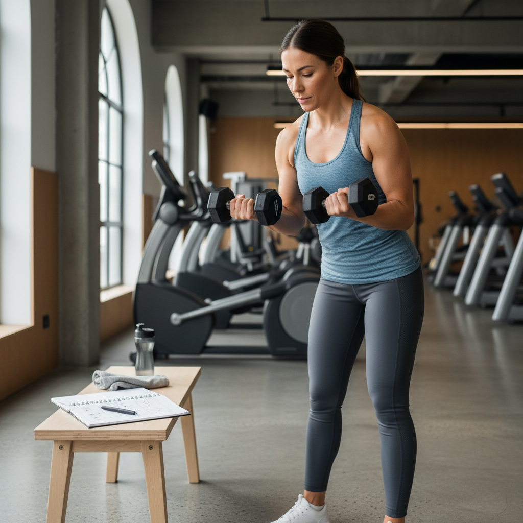 Beginner strength training session in a gym with dumbbells and a training log