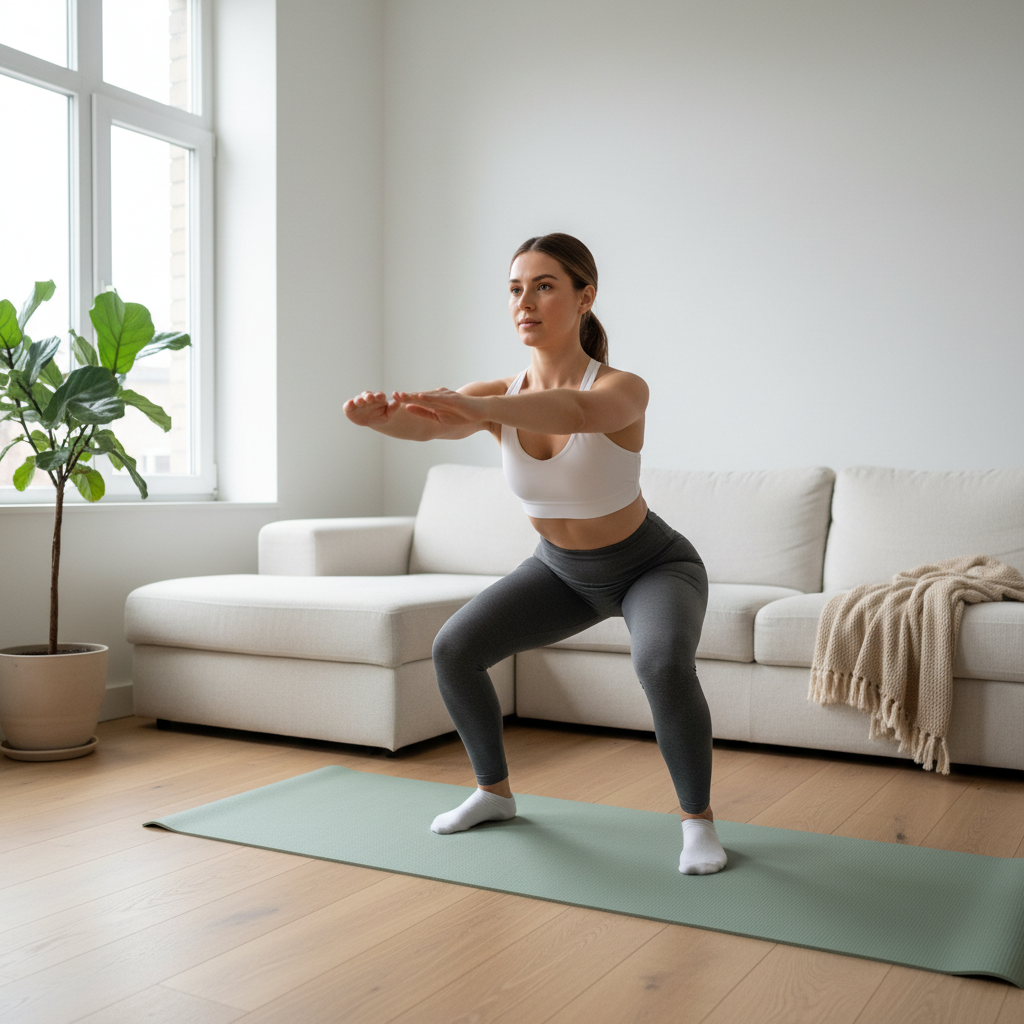 Beginner doing a simple home workout in a small living room space
