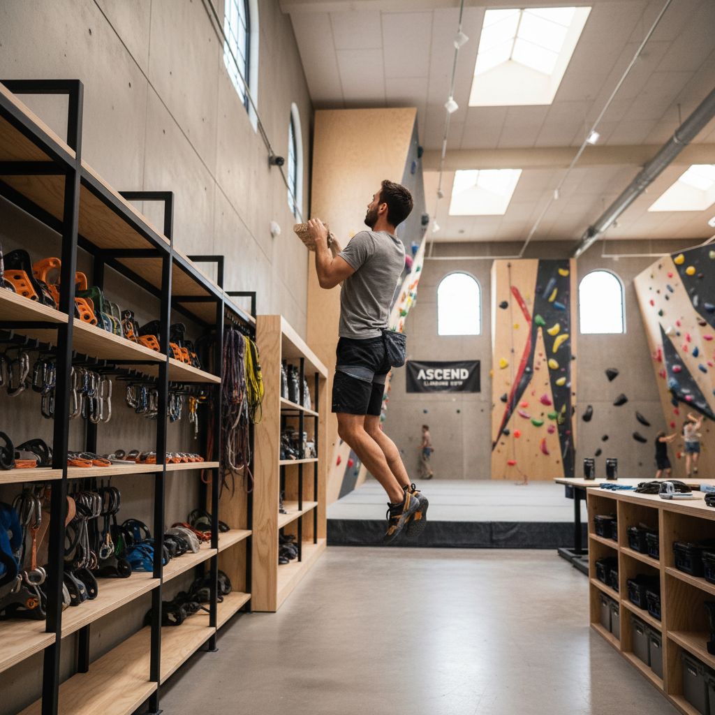 Rock climber doing strength training in a gym setting