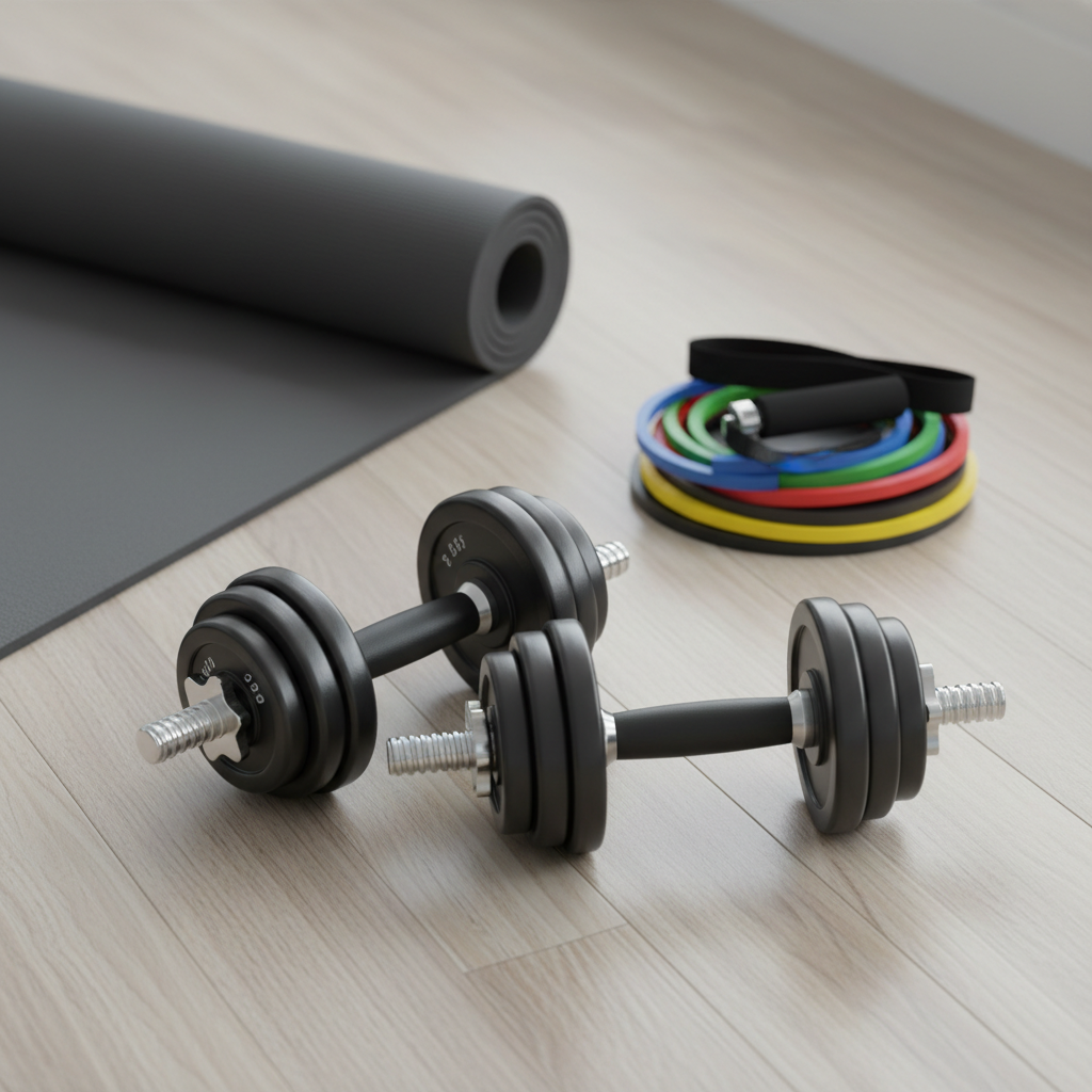 Adjustable dumbbells and resistance bands for strength training at home