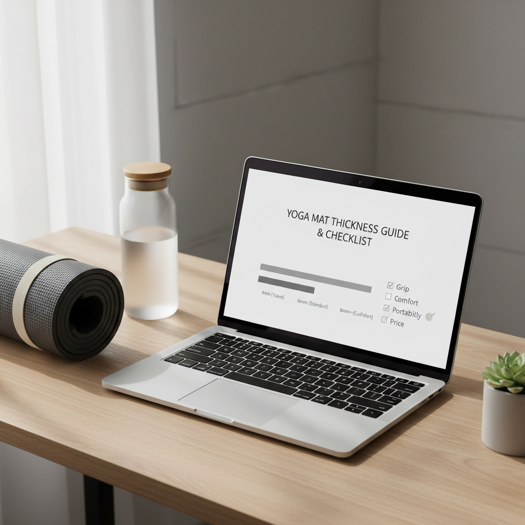 Yoga mat thickness selection table and checklist on a laptop screen