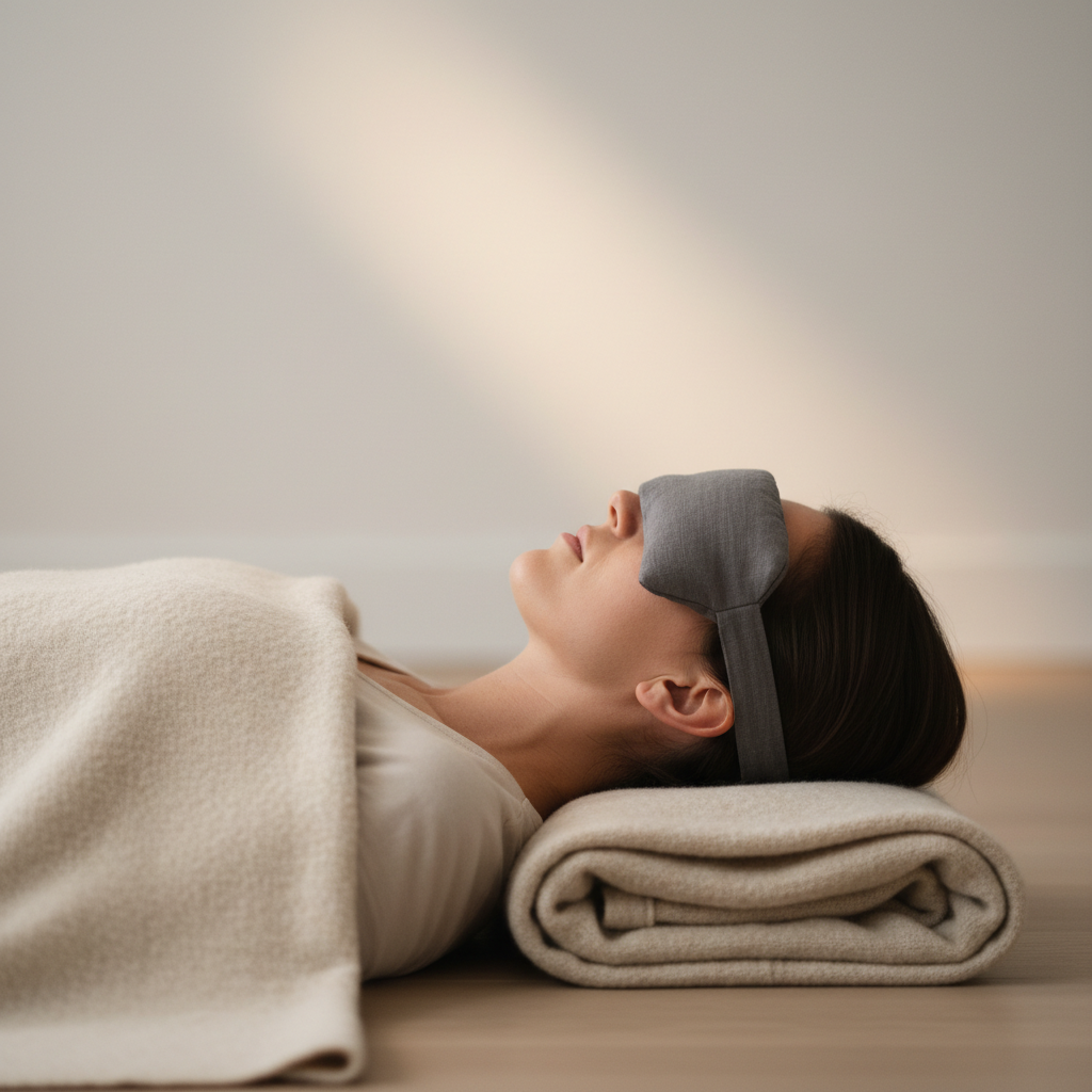 Close-up of calm breathing during restorative yoga for relaxation