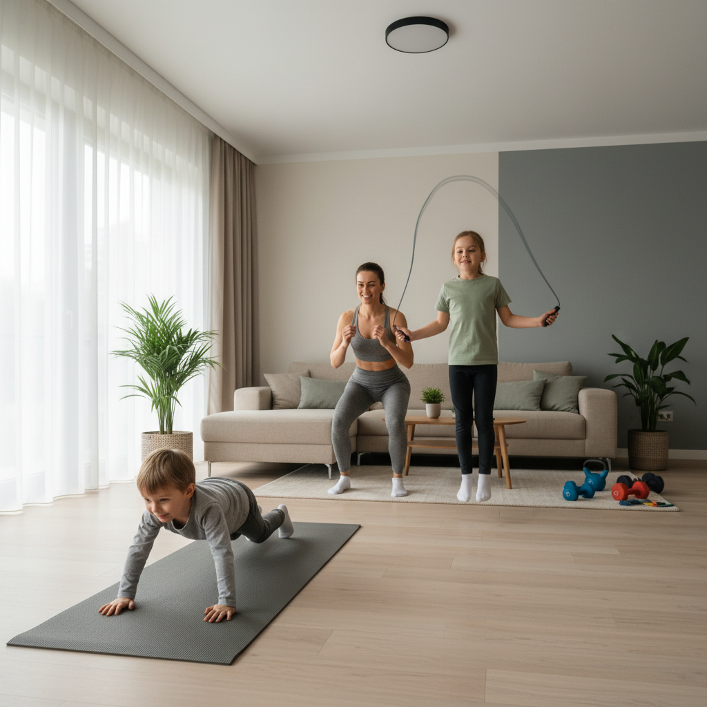 Indoor kids fitness circuit with animal walks and jump rope