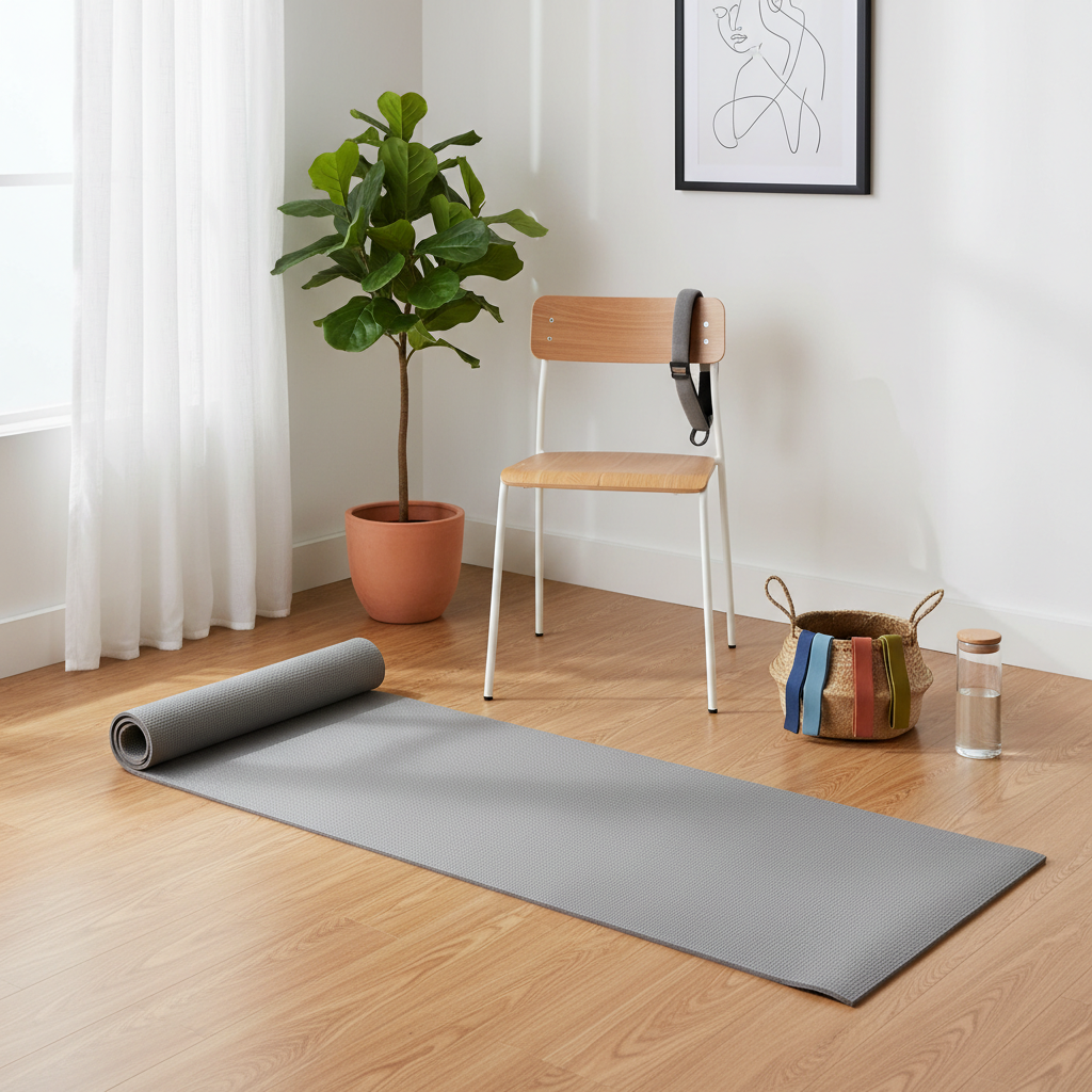 Home bodyweight workout setup for leg and glute exercises