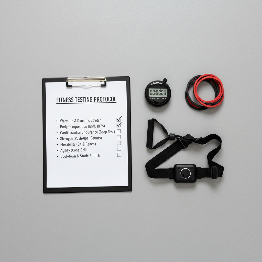 Fitness testing checklist on a clipboard with gym equipment