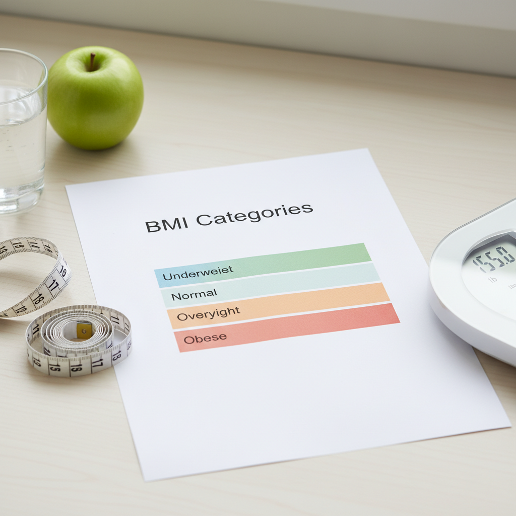 BMI categories chart and measuring tape on a clean desk