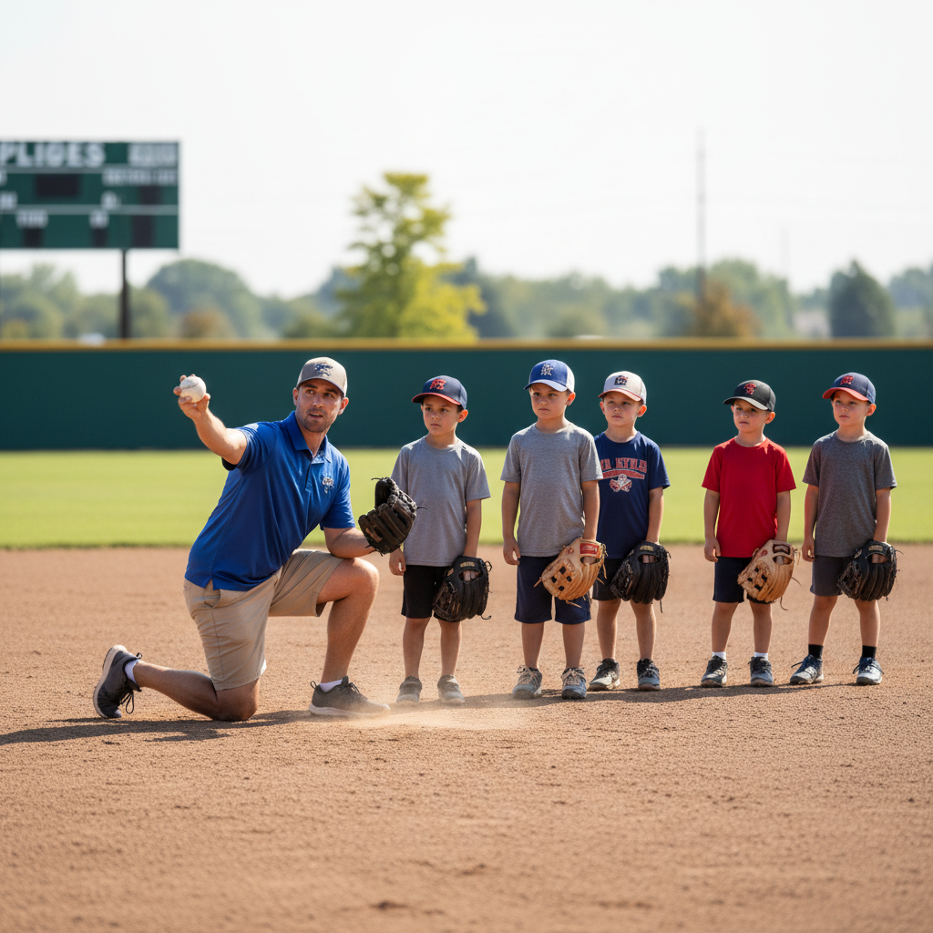 Youth baseball coach running a simple throwing drill