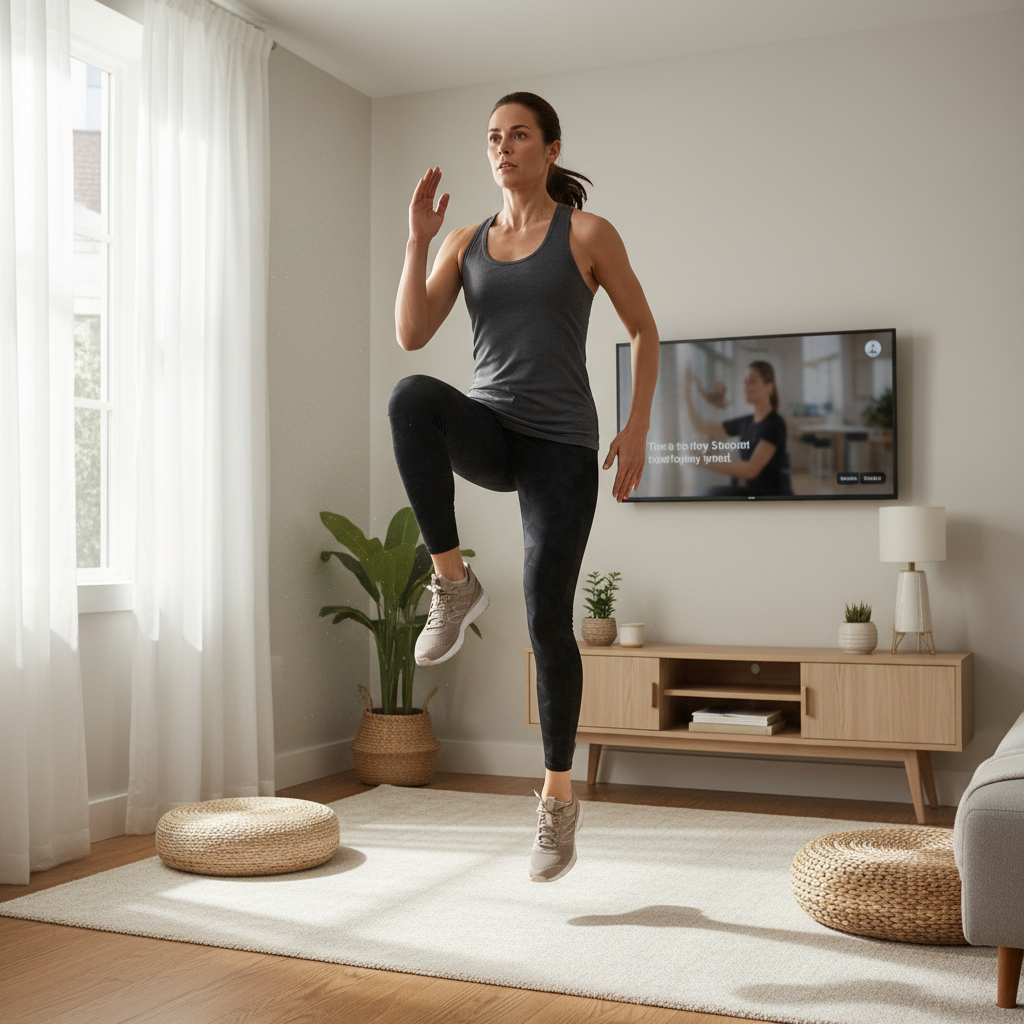 Person doing equipment-free home cardio circuit in a small living room