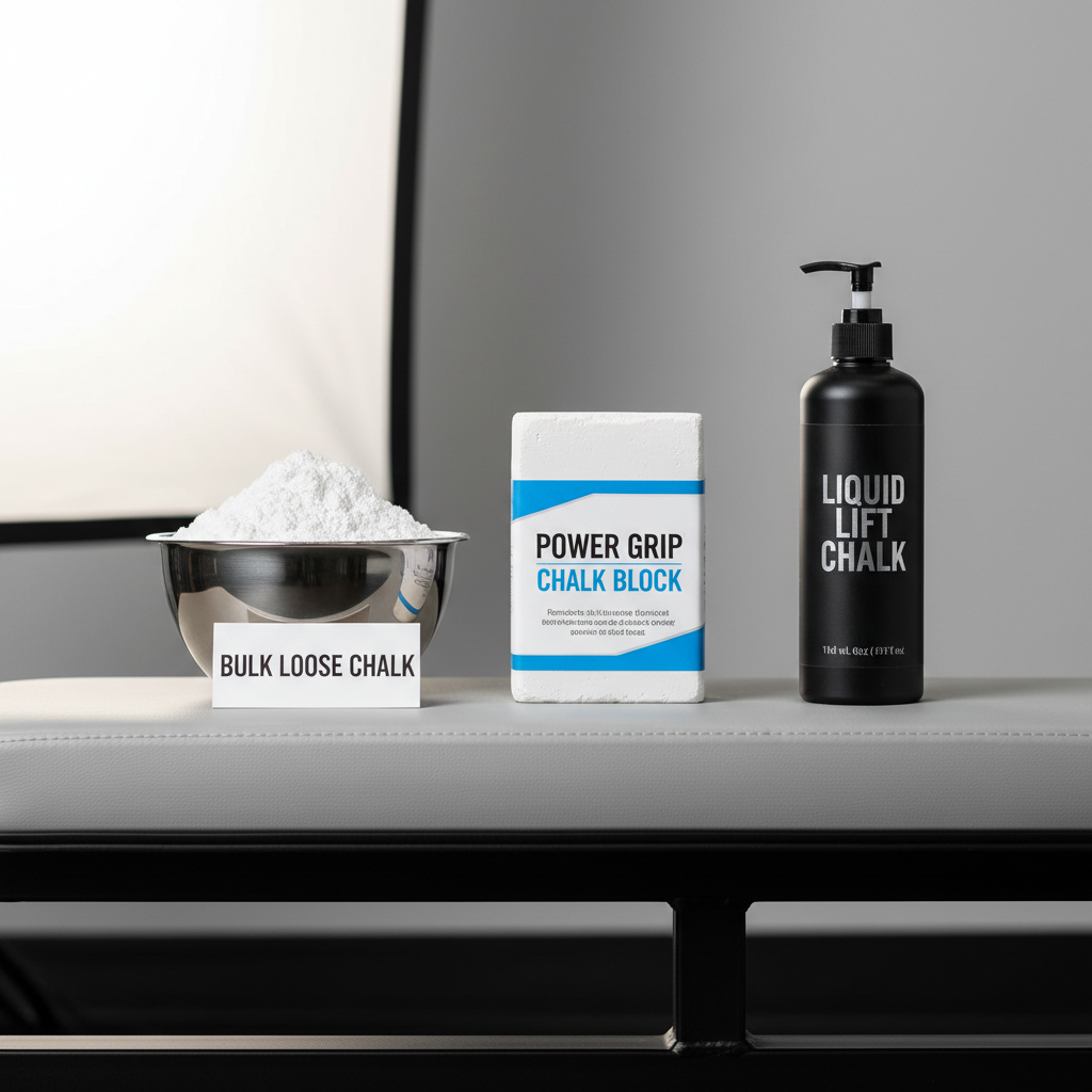 Different types of gym chalk: block, loose chalk, and liquid chalk