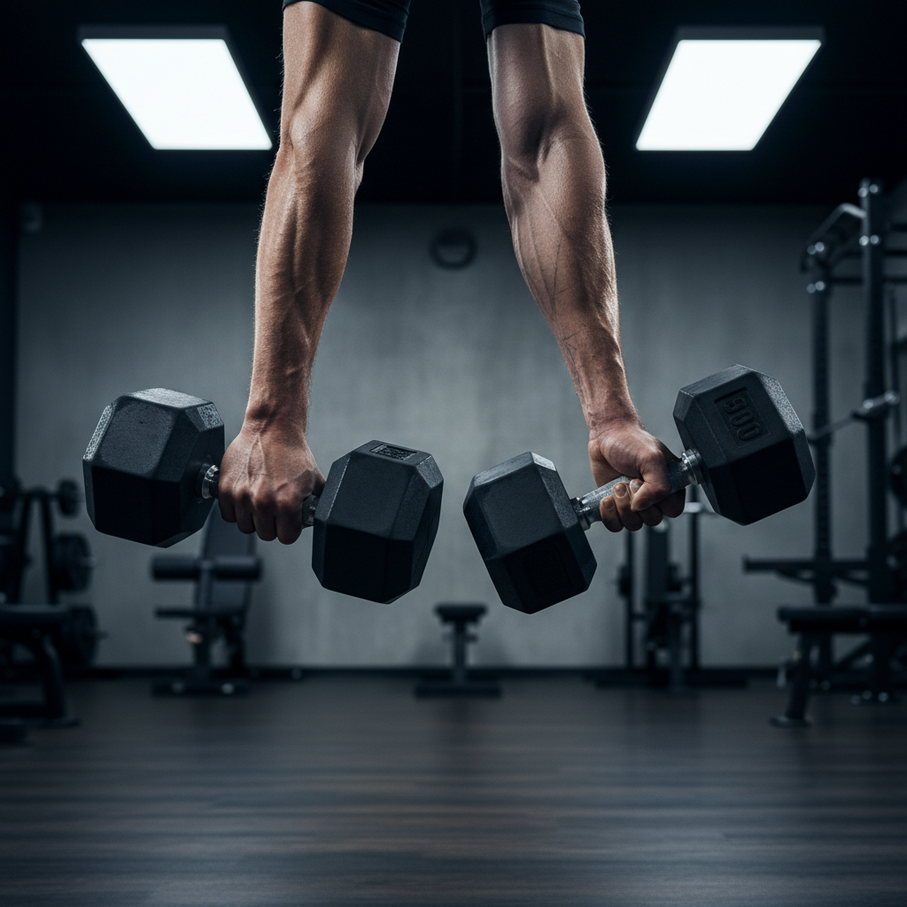 Close-up of forearm and hand doing a farmer hold with heavy dumbbells