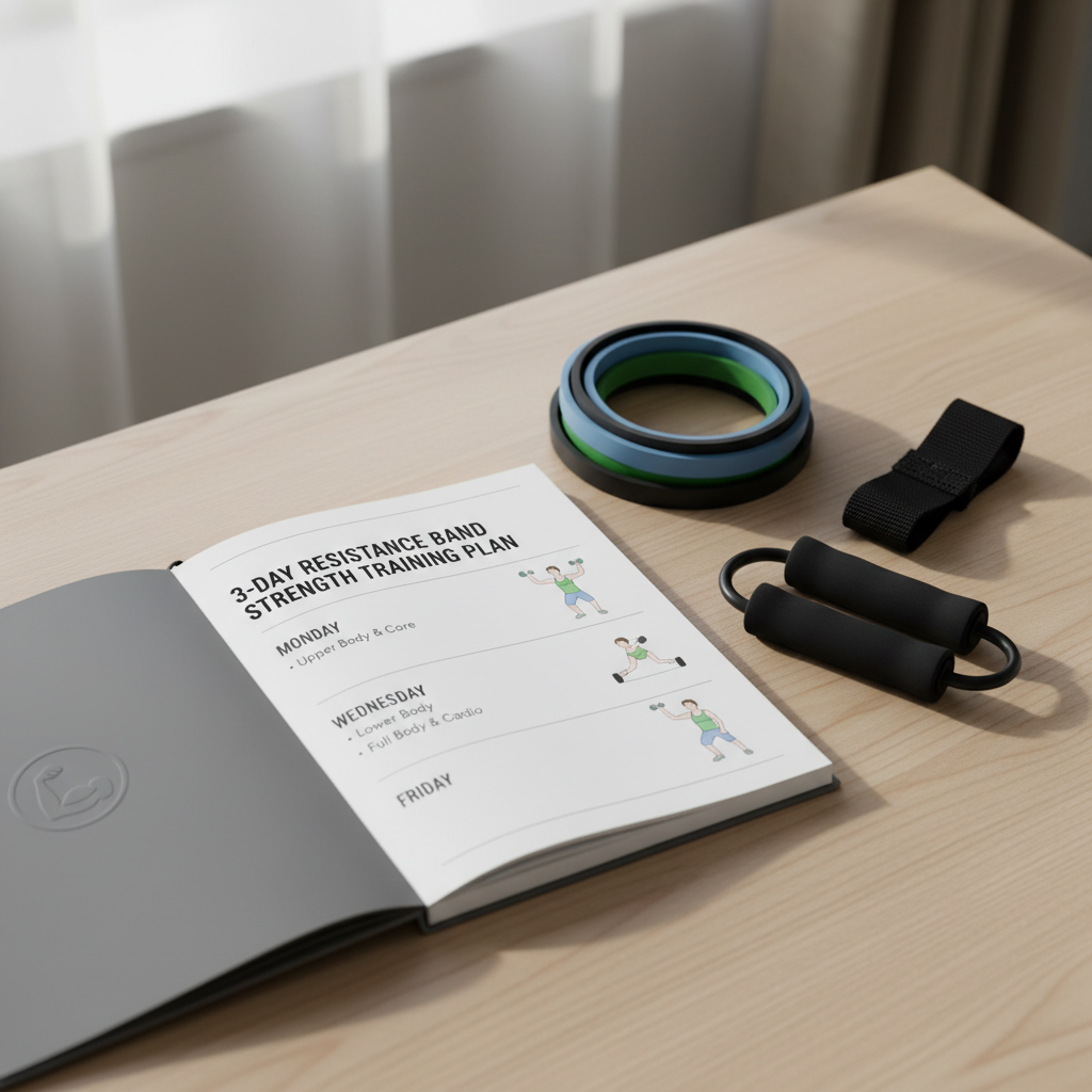 Resistance band strength training workout plan written on a notebook with bands nearby