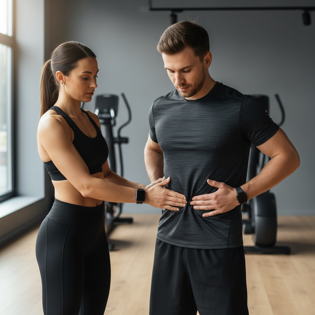 Trainer demonstrating core bracing for core strength training in a gym