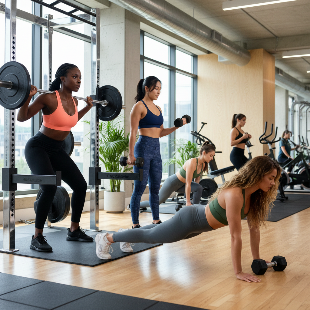 Women training in a gym wearing supportive sports bras and leggings using free weights