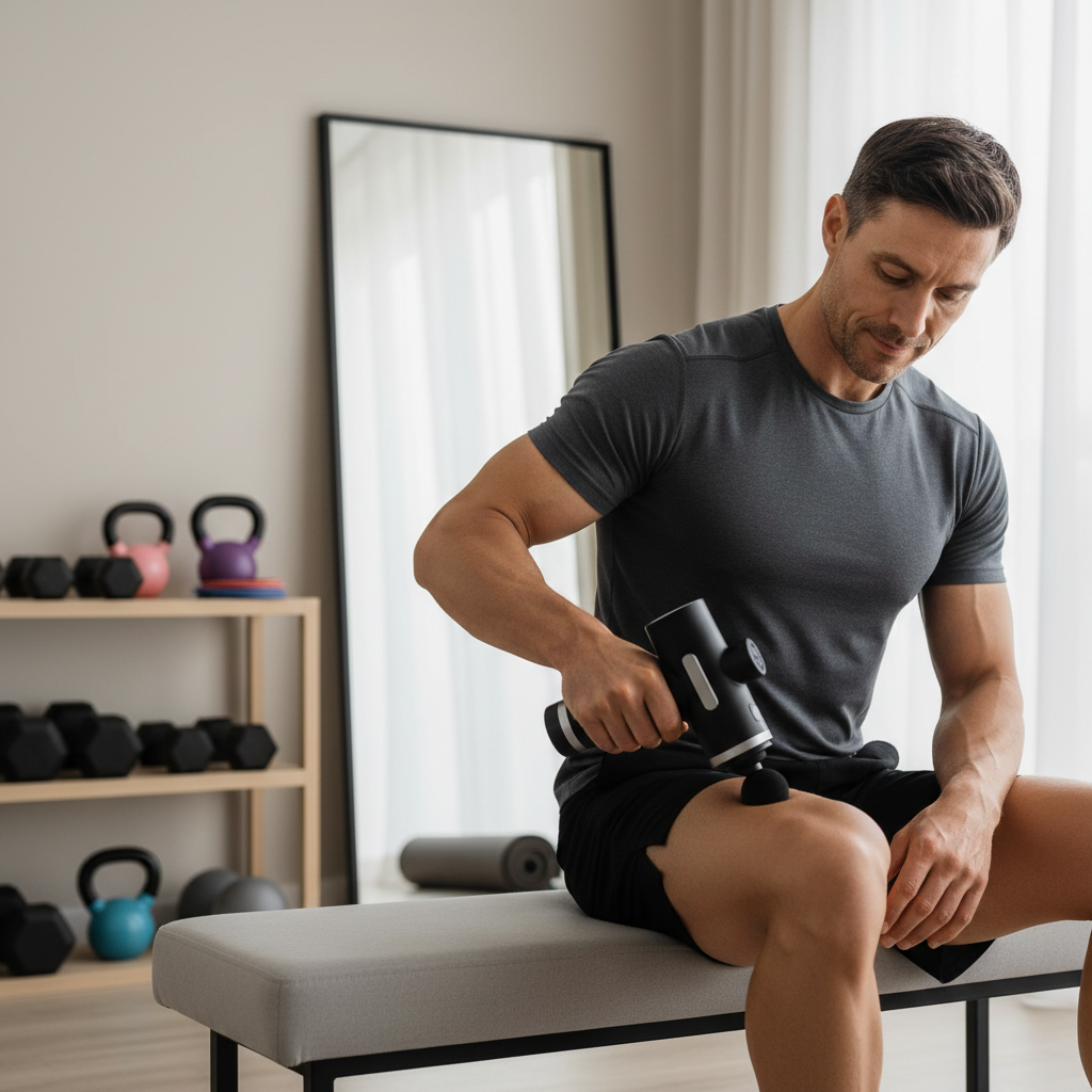 Using a massage gun on thigh muscles for recovery after a workout