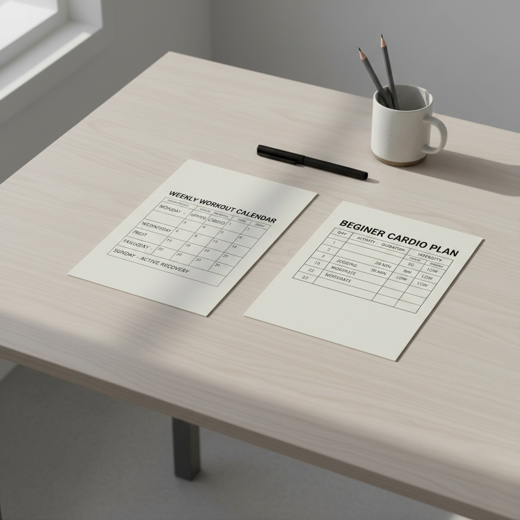 Weekly beginner cardio schedule table on a clean desk with calendar