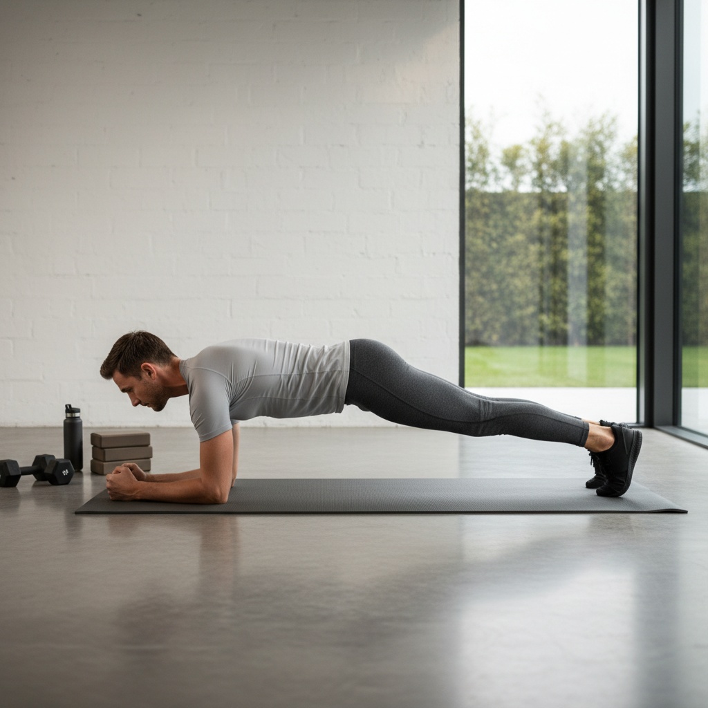 Proper plank form for ab exercises no equipment with straight line from head to heels