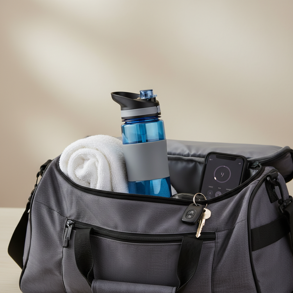 Leakproof sports water bottle in a gym bag with towel and keys