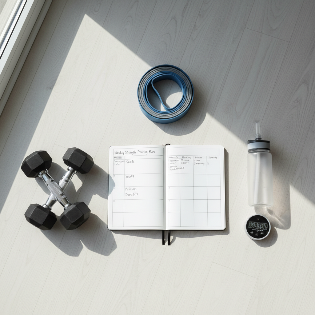 At-home strength training plan on a notebook next to dumbbells and resistance bands