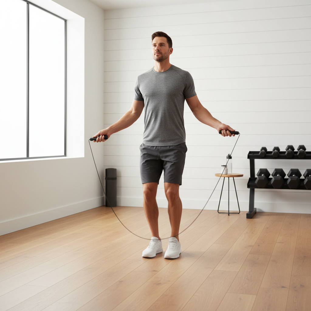 Person doing jump rope cardio in a home gym with proper form and space