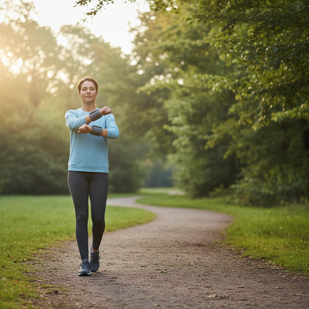 Person wearing wrist weights while walking outdoors with relaxed posture