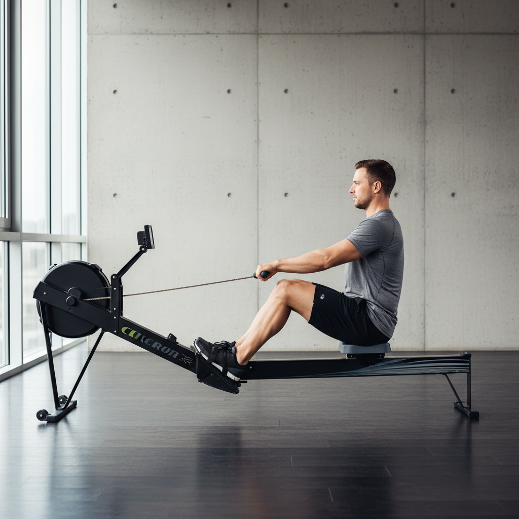 Proper rowing machine form showing legs-core-arms sequence on an indoor rower