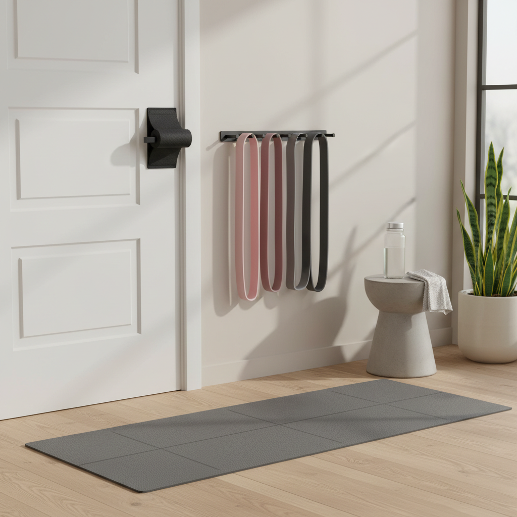 Home resistance band workout setup with door anchor and loop bands