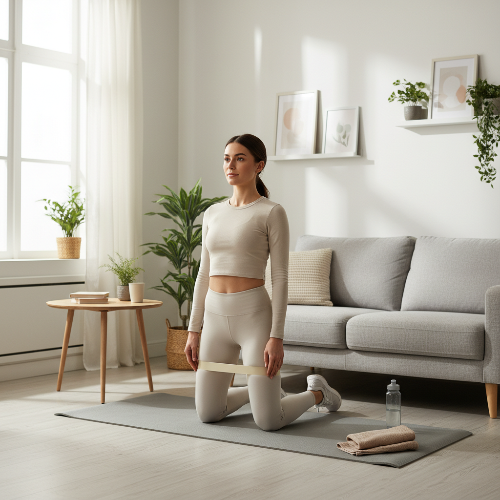 Quiet low-impact home workout with bands and a mat in a small space