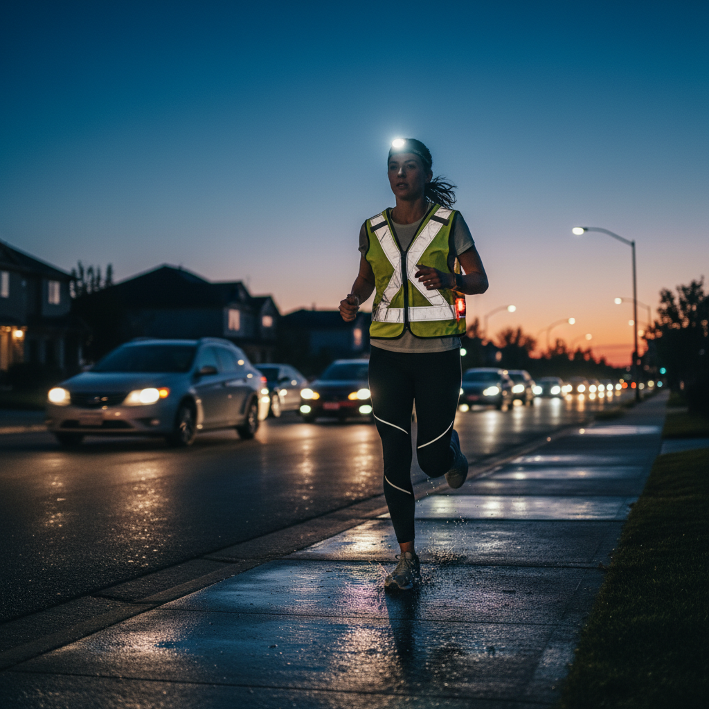 Runner wearing reflective running gear essentials at dusk with a headlamp