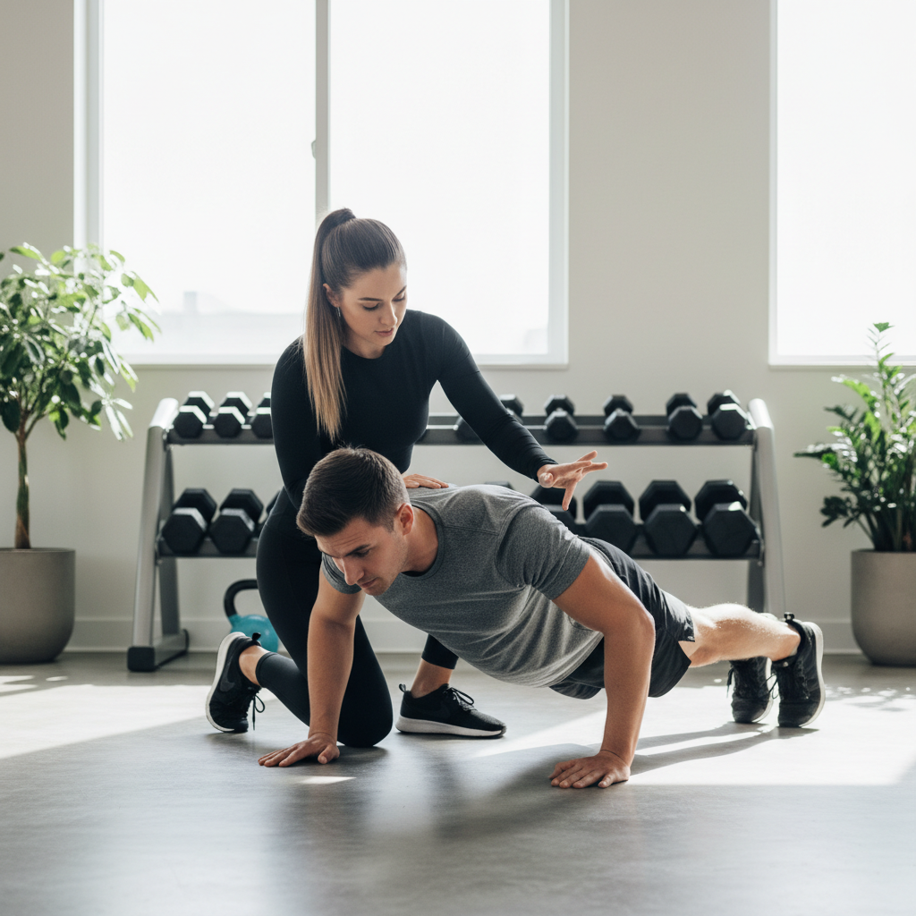 Trainer checking push-up form with neutral spine and elbow angle
