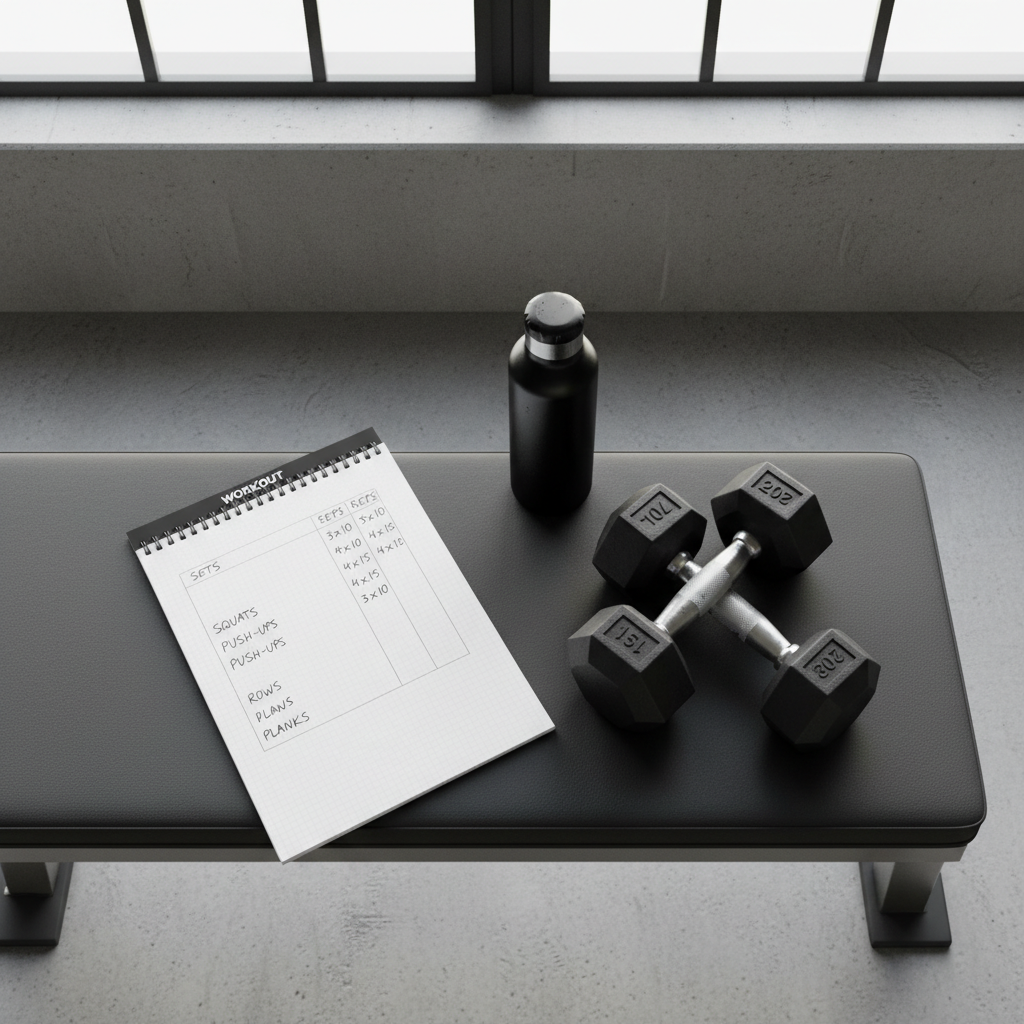 Workout plan notes with sets and reps next to dumbbells on a bench