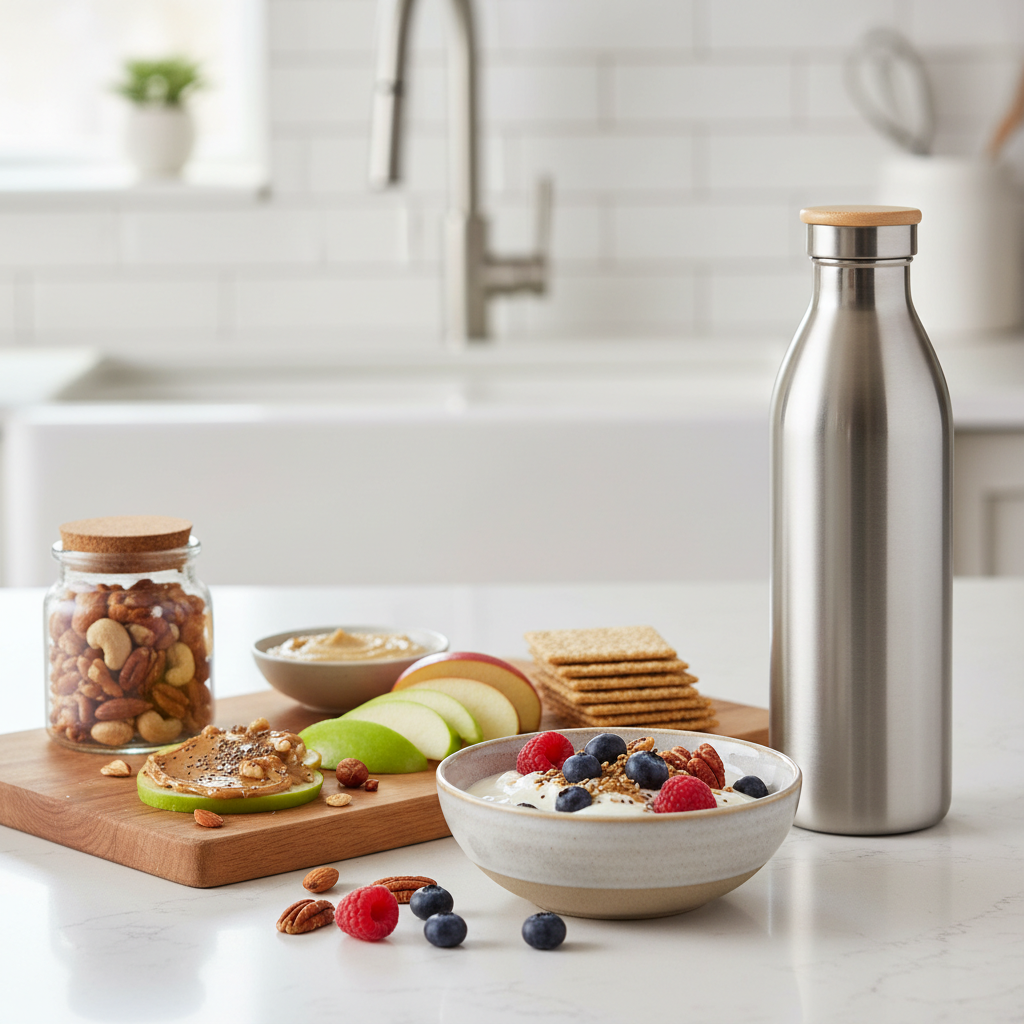 Healthy snacks spread with yogurt, berries, nuts, and whole grains for fitness energy