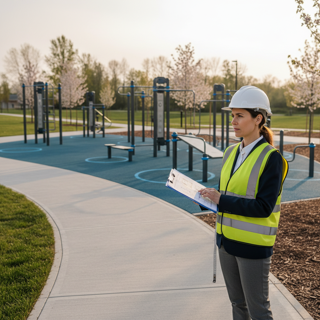 Park planner reviewing outdoor fitness zone layout with spacing and safety clearances