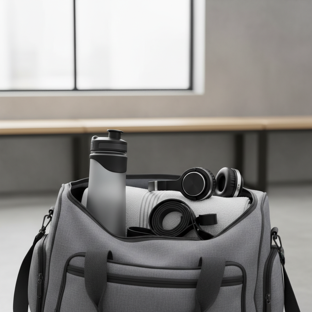 Leakproof sports water bottle in a gym bag with towel and lifting straps