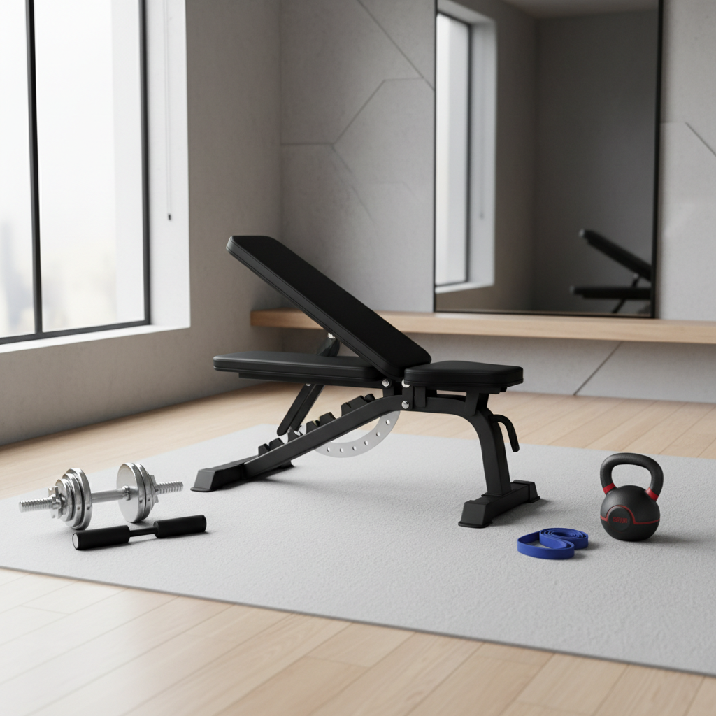 Beginner weight training in a simple gym setup with dumbbells and a bench