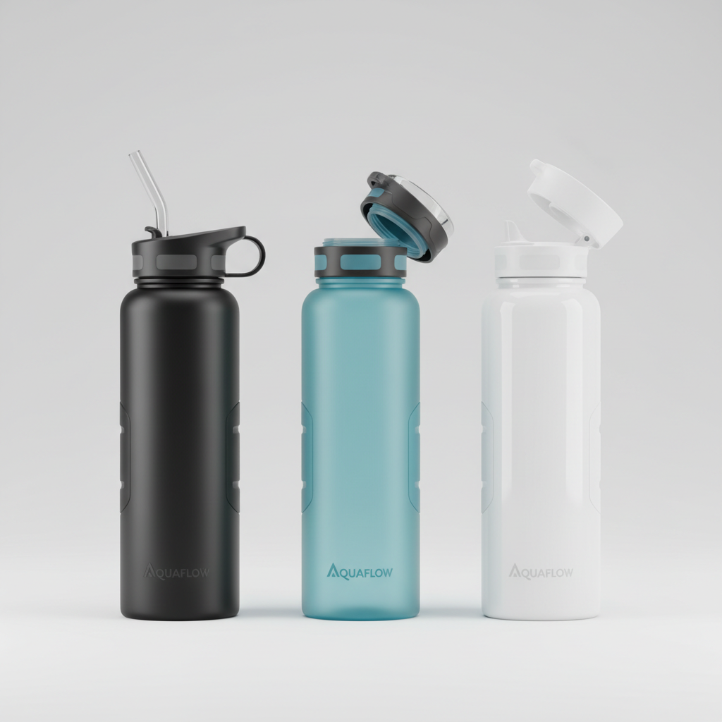 Comparison of straw lid, chug spout, and flip-top lids on sports water bottles