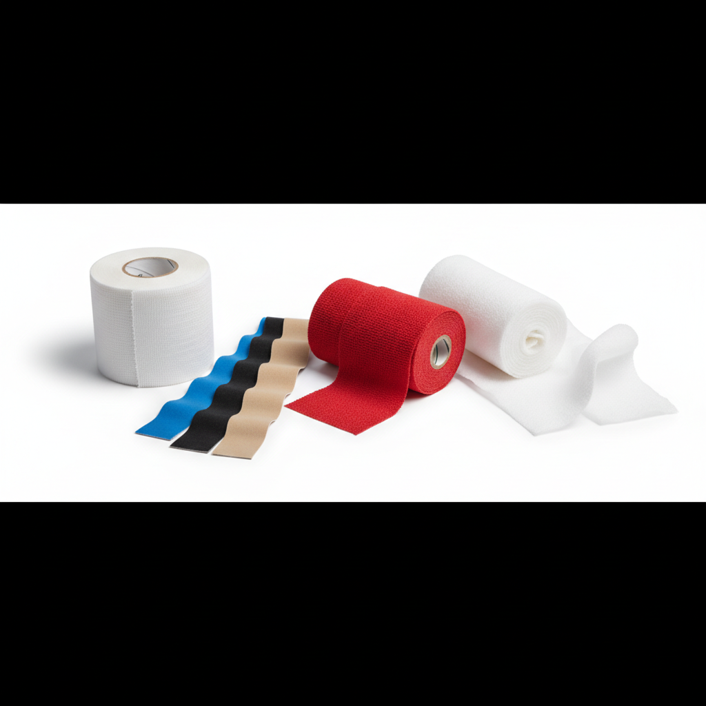 Different types of sports tape: rigid athletic tape, kinesiology tape, and cohesive wrap