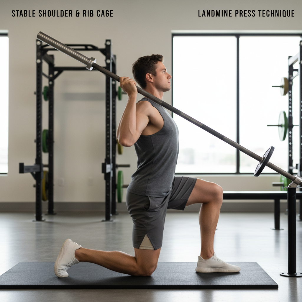 Half-kneeling landmine press demonstrating stable shoulder position